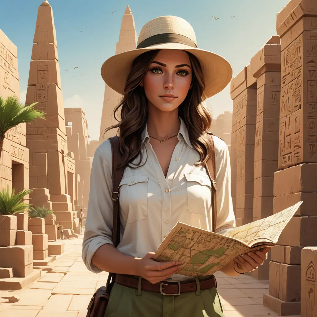 a woman in a hat is holding a map and a backpack in front of a desert landscape with palm trees, fantasy art, egyptian art, Chris LaBrooy, rossdraws global illumination
