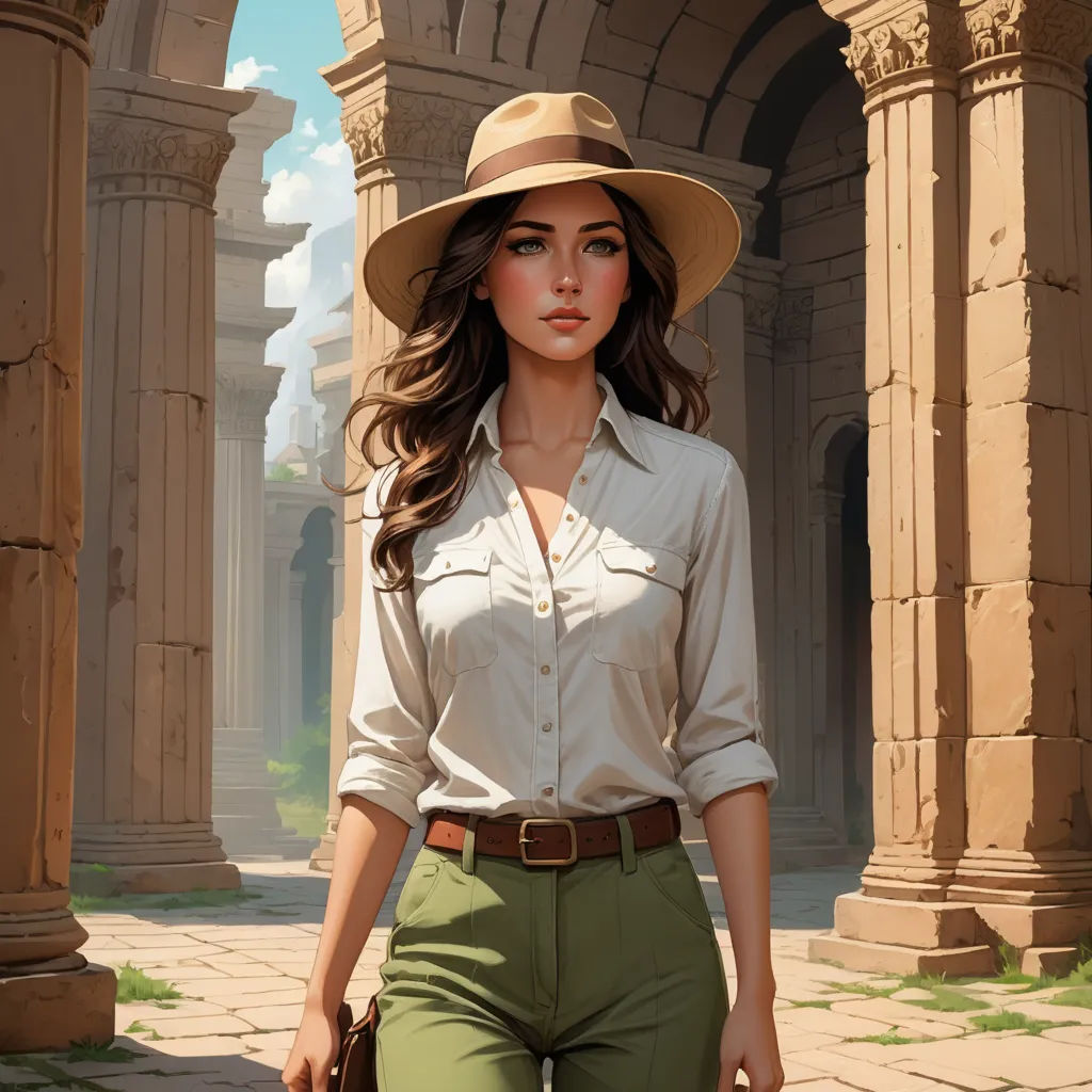 a woman in a hat and green pants walking through a courtyard with arches and pillars in the background,, fantasy art, a digital painting, Clint Cearley, stanley artgerm lau