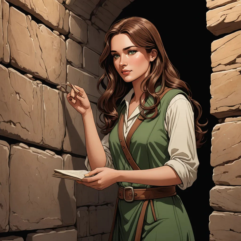 a woman in a green dress holding a paper and a pen in her hand and a stone wall behind her, fantasy art, a character portrait, Clarice Beckett, epic fantasy character art