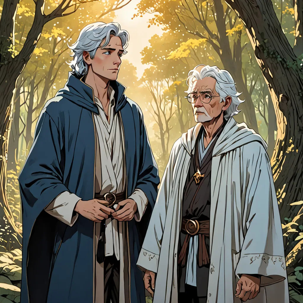 a man standing next to another man in a forest with trees behind him and a sun shining through the trees, fantasy art, a comic book panel, Brothers Hildebrandt, official art