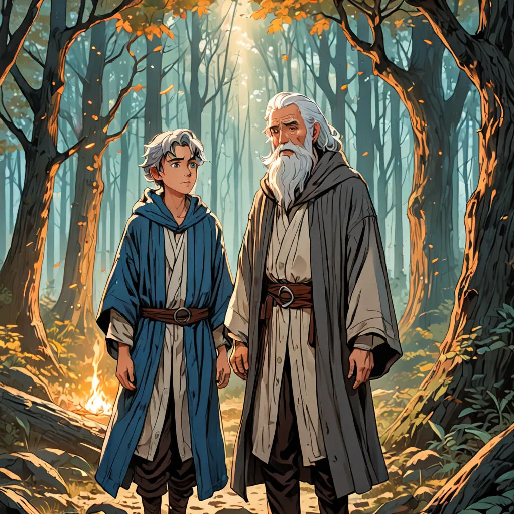 a painting of two people standing in a forest with trees and leaves around them, one of them is wearing a blue robe, fantasy art, a storybook illustration, Brothers Hildebrandt, graphic novel
