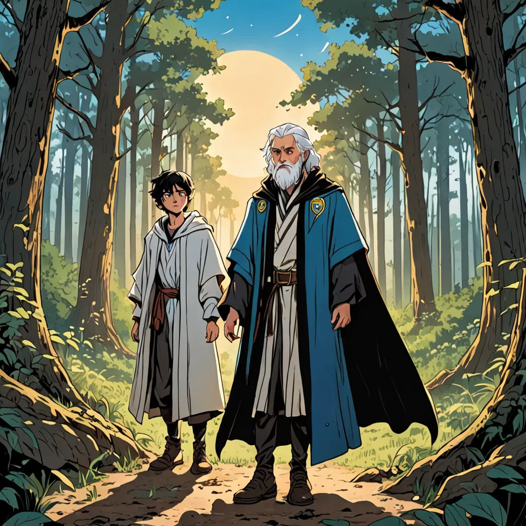 a man and a woman standing in the woods holding hands and looking at each other with a full moon in the background, fantasy art, a comic book panel, Diego Gisbert Llorens, official art