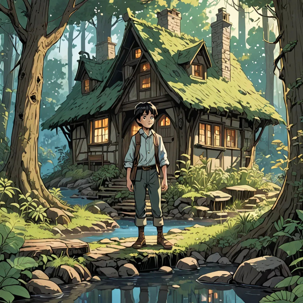 a man standing in front of a small house in the woods with a stream running through it and a forest behind him, fantasy art, a storybook illustration, Diego Gisbert Llorens, ghibli