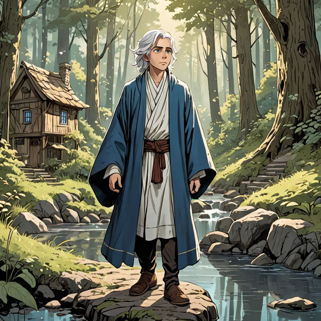 a man in a blue robe standing on a rock in a forest next to a river and a house, fantasy art, a character portrait, Anson Maddocks, official art