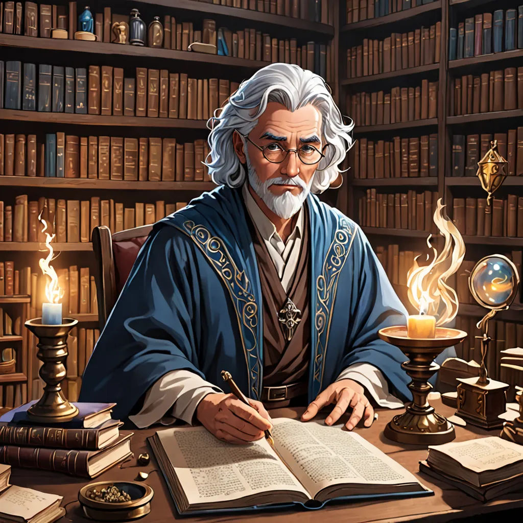 a man sitting at a desk with a book and a candle in front of him and a bookcase full of books, fantasy art, a character portrait, Christophe Vacher, epic fantasy character art