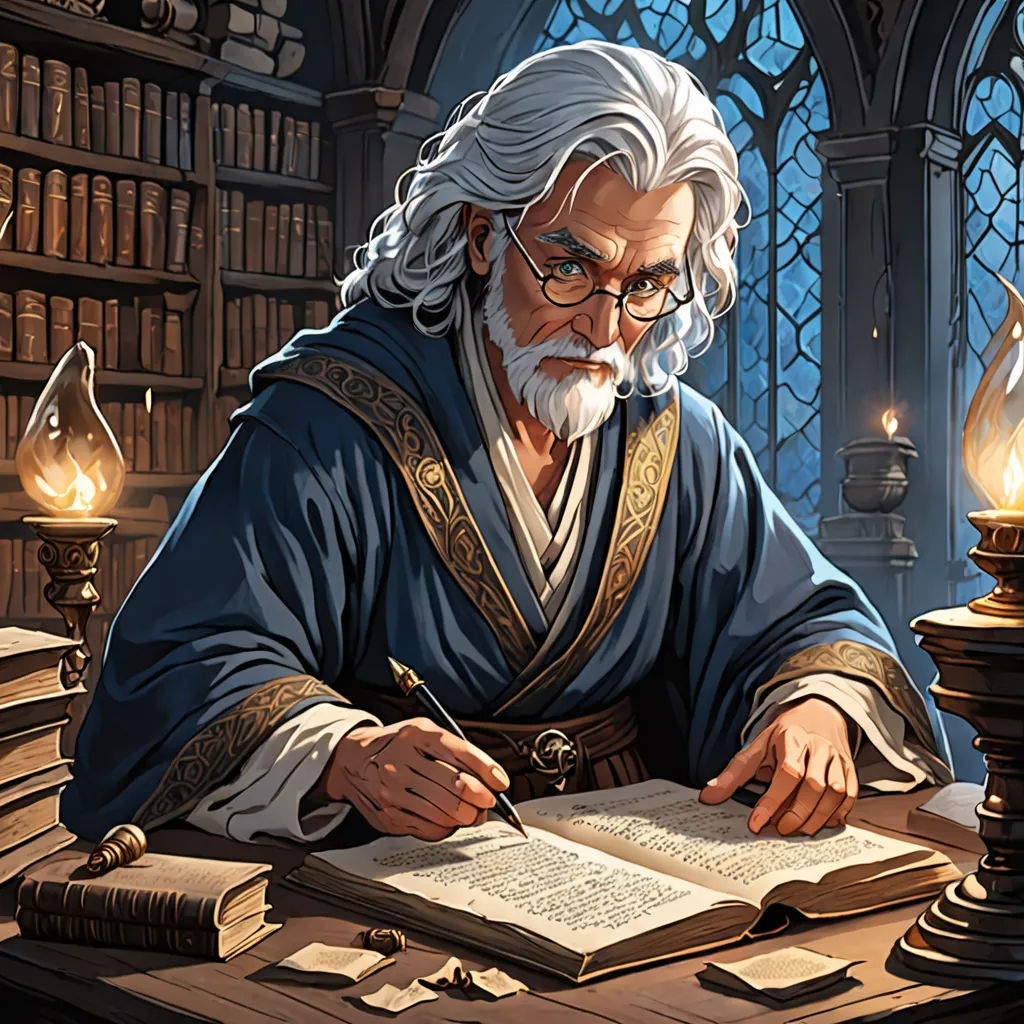 a man sitting at a table with a book and pen in his hand and a book in front of him, fantasy art, a storybook illustration, Donato Giancola, epic fantasy character art