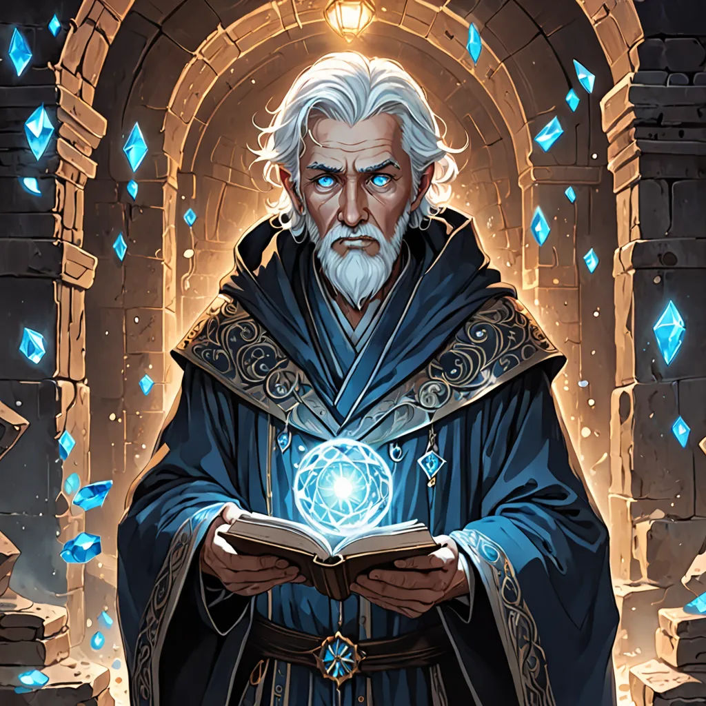 a man in a blue robe holding a book in his hands and a glowing orb in his hand, in front of a stone archway, fantasy art, a detailed painting, Cedric Peyravernay, rossdraws global illumination