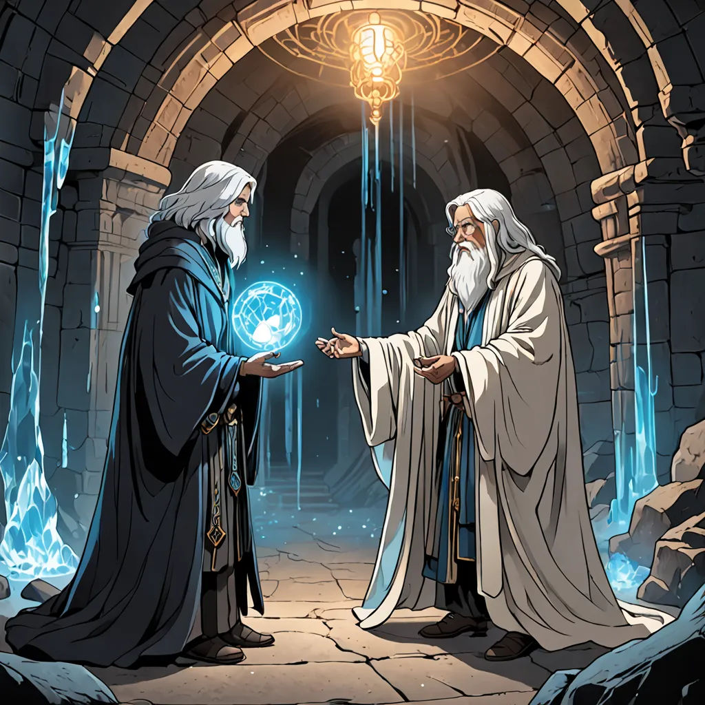 a cartoon of two men in robes standing in a cave with a glowing orb in their hands and a light shining from the door, fantasy art, a comic book panel, Brothers Hildebrandt, josan gonzales and dan mumford