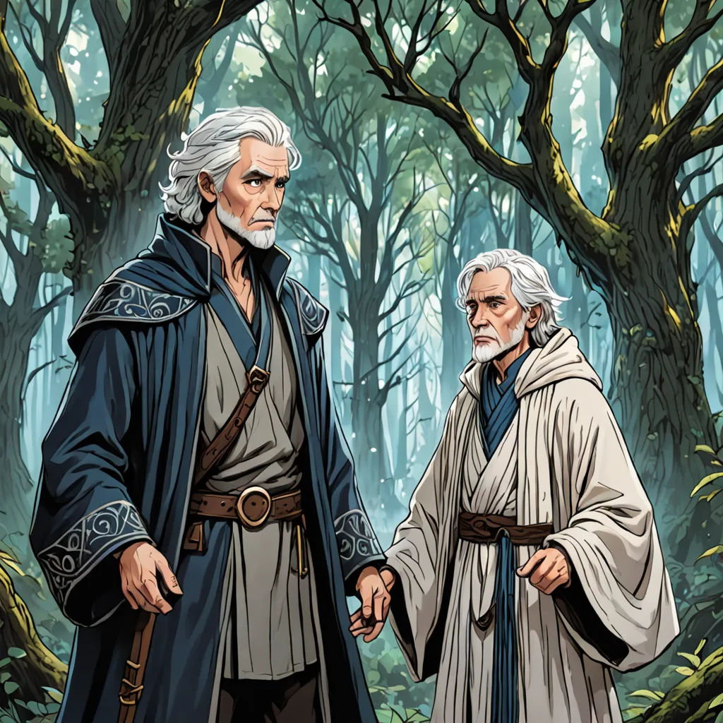 a man and a woman standing in a forest holding hands and looking at each other with trees in the background, fantasy art, a comic book panel, Brothers Hildebrandt, official art