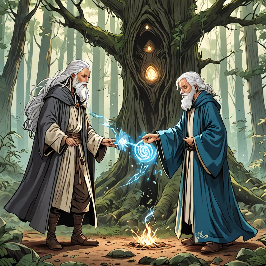 two men in robes are standing in the woods with a glowing orb in their hands and a tree in the background, fantasy art, a storybook illustration, Brothers Hildebrandt, official art