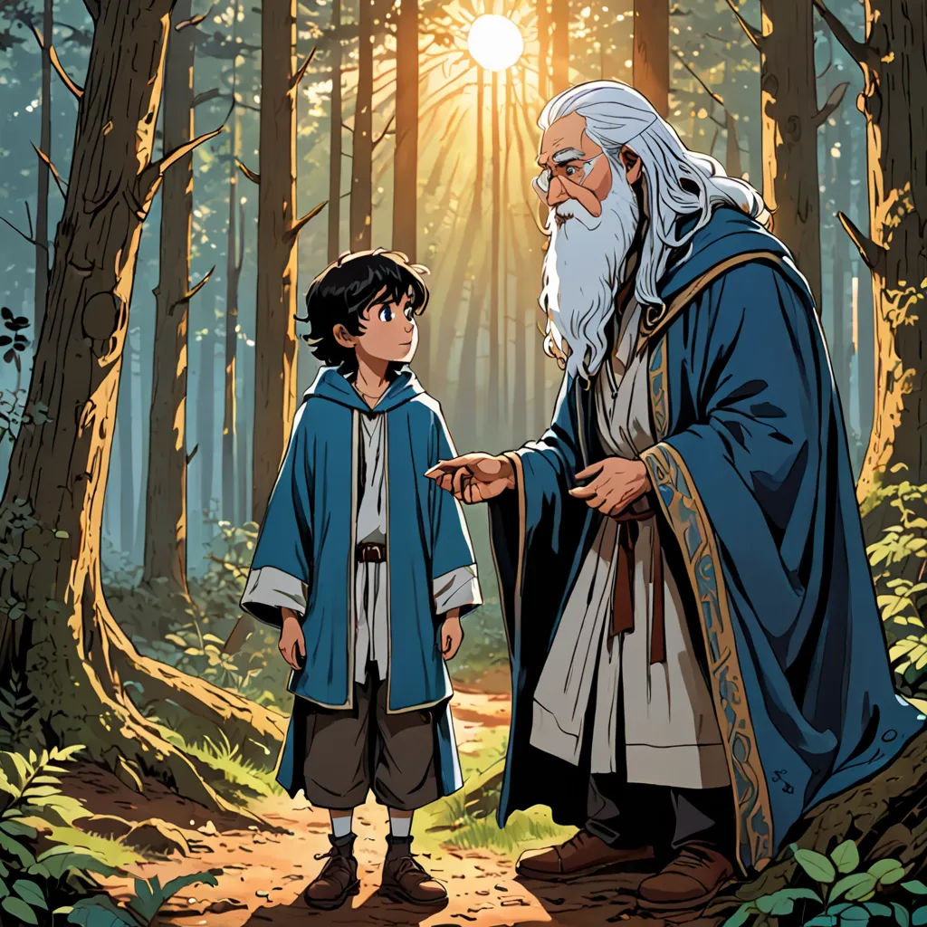 a cartoon of a man and a boy in the woods with a sun shining through the trees behind them, fantasy art, a storybook illustration, Diego Gisbert Llorens, official art