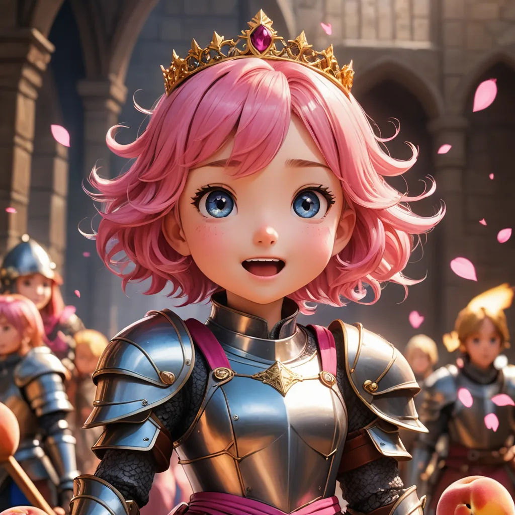 a cartoon character with pink hair and a crown on her head, surrounded by other characters in armor and holding apples, sots art, a character portrait, Alice Prin, rossdraws global illumination