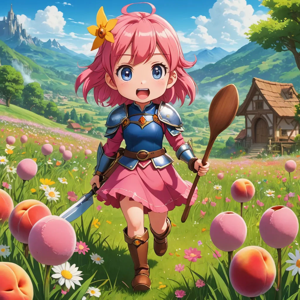 a girl in a field with a wooden spoon and a house in the background with flowers and a field of flowers, sots art, concept art, Aya Goda, official art