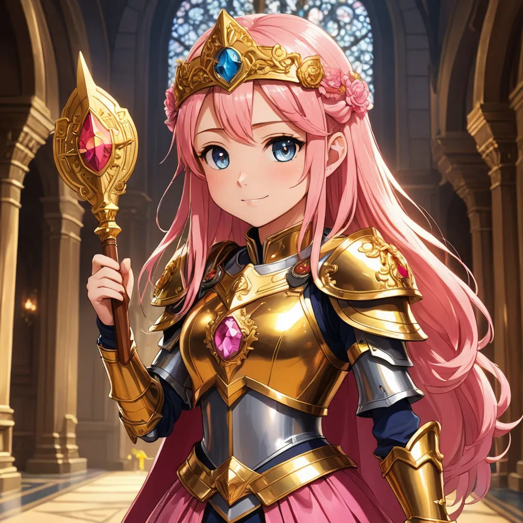 a woman in a pink wig holding a golden staff and a pink rose in her hand, in a palace setting, sots art, concept art, Alice Prin, official art