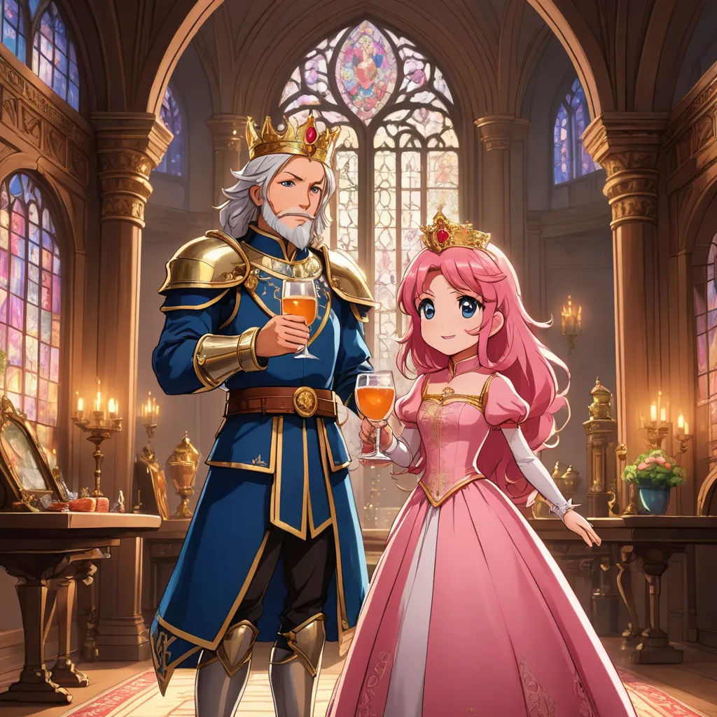 a man and a woman dressed in medieval clothing standing in a castle like setting with a glass of wine, sots art, a storybook illustration, Ada Gladys Killins, official art
