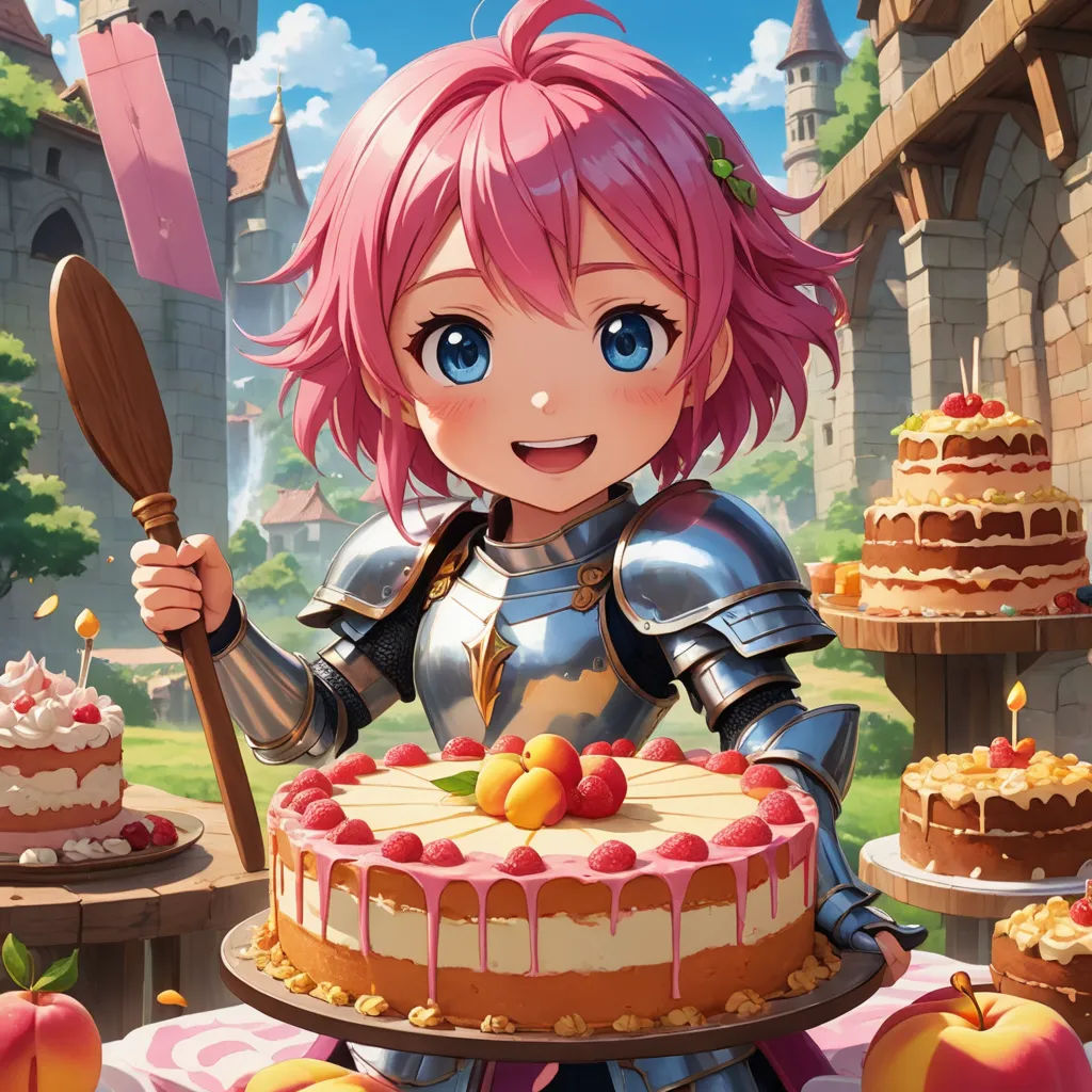 a girl holding a knife and a cake with a sword in front of her and a castle in the background, fantasy art, a detailed painting, Aya Goda, official art