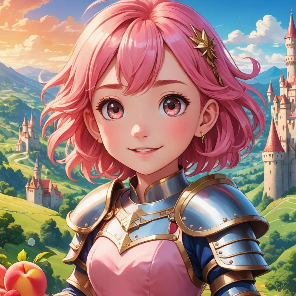 a girl in a pink dress holding a apple in front of a castle with a pink hair and a pink nose, fantasy art, a character portrait, Artgerm, rossdraws global illumination