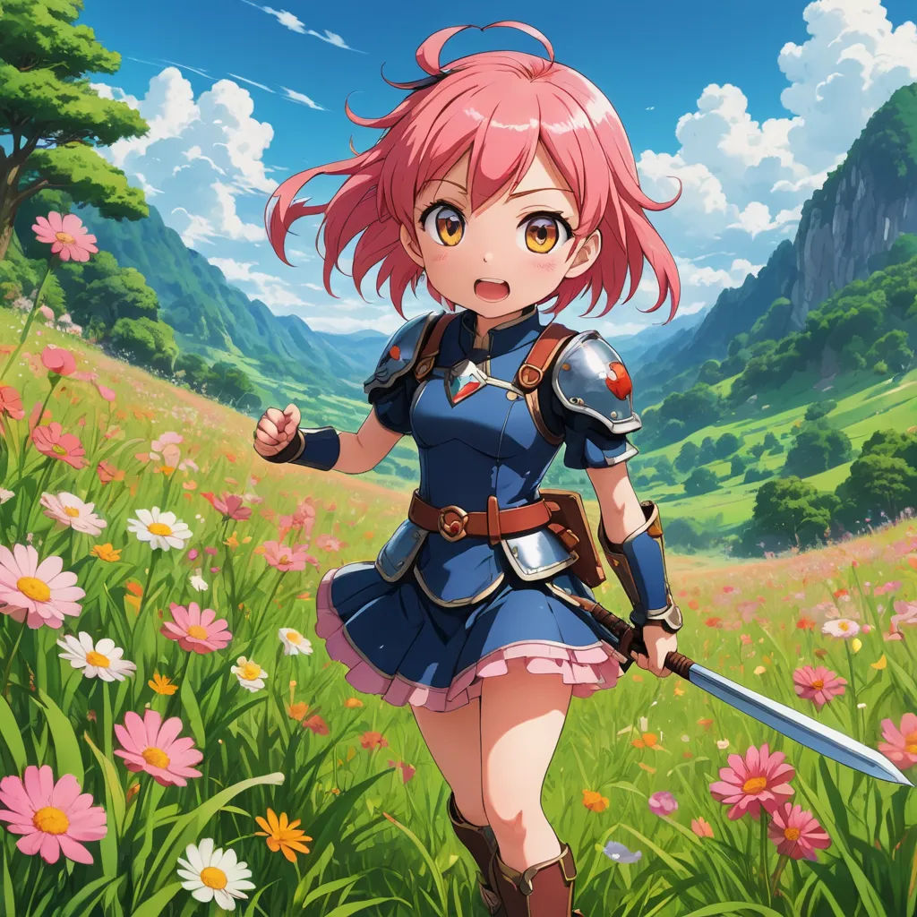 a girl in a field with flowers and a sword in her hand, with a mountain in the background, sots art, concept art, Aya Goda, official art