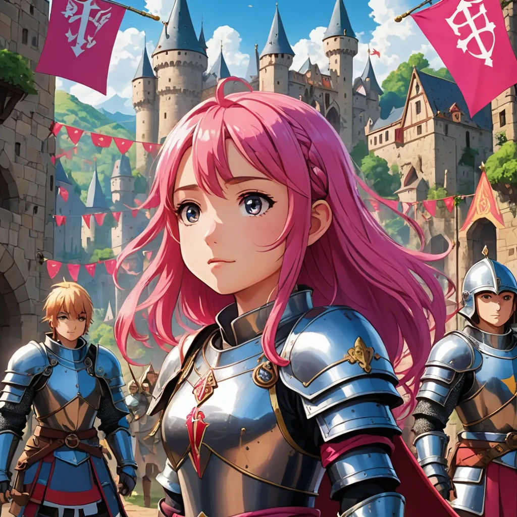 a group of people in armor standing in front of a castle with flags and flags flying in the air, sots art, a character portrait, Chizuko Yoshida, official art