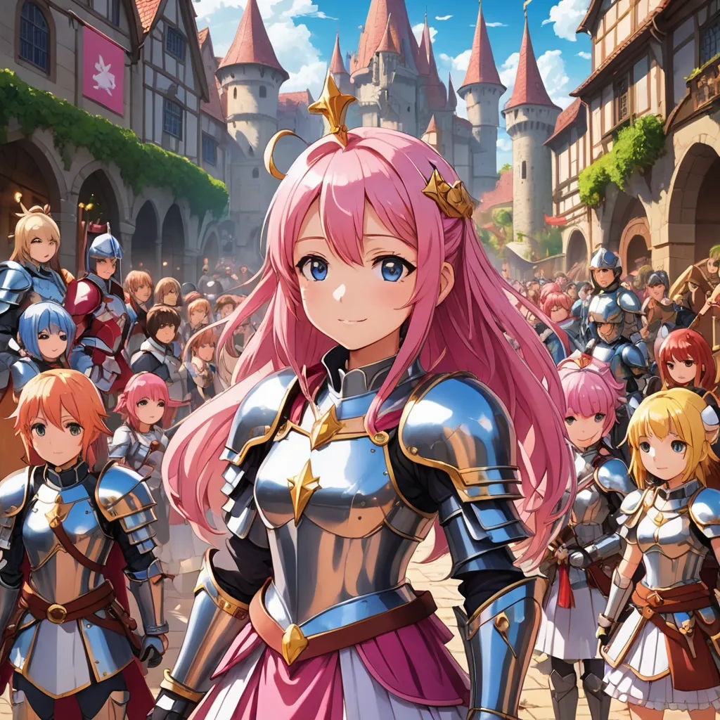 a group of people in armor standing in front of a castle with a crowd of people behind them and a woman in a pink dress, sots art, concept art, Aya Goda, official art