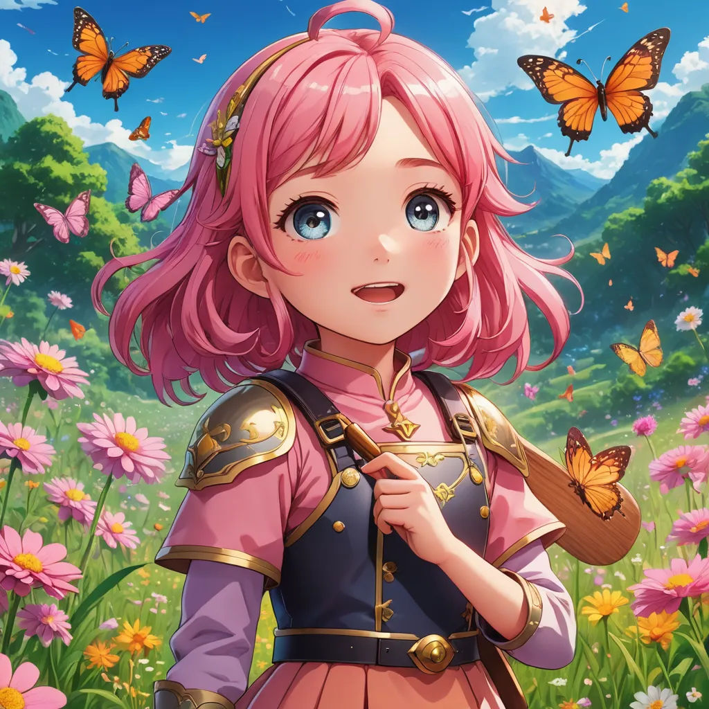 a girl in a pink dress standing in a field of flowers with butterflies flying around her head and a butterfly in her hand, sots art, a character portrait, Anne Said, official art