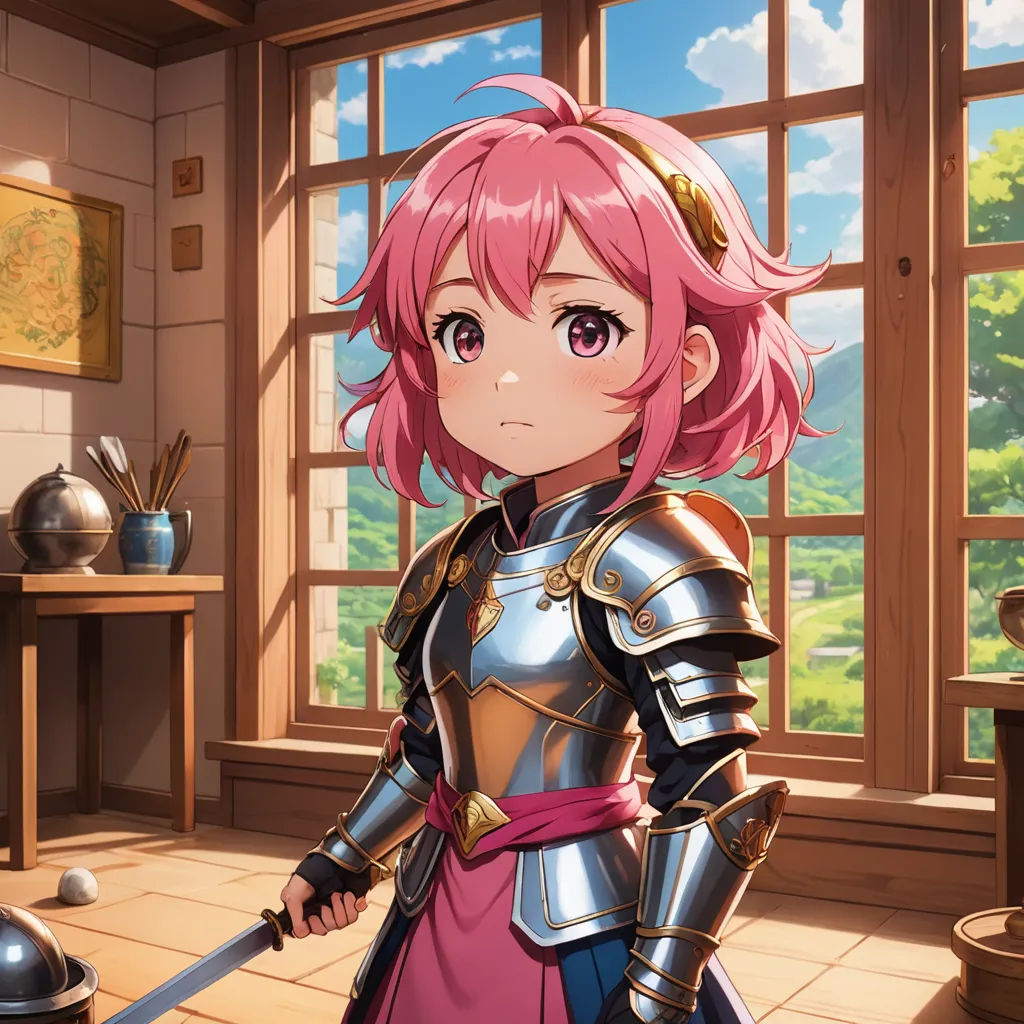 a girl in a pink dress holding a sword in a room with a window and a table with a vase, sots art, a character portrait, Aya Goda, official art