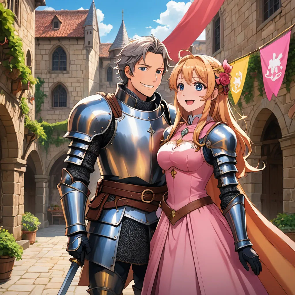 a couple dressed in medieval costumes standing next to each other in front of a castle with flags and flags, sots art, a detailed painting, Anne Said, official art