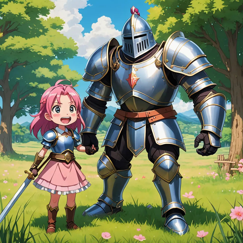 a cartoon of a knight and a princess in a field with trees and flowers in the background, with a pink haired girl standing next to the knight, sots art, concept art, Ay-O, official art