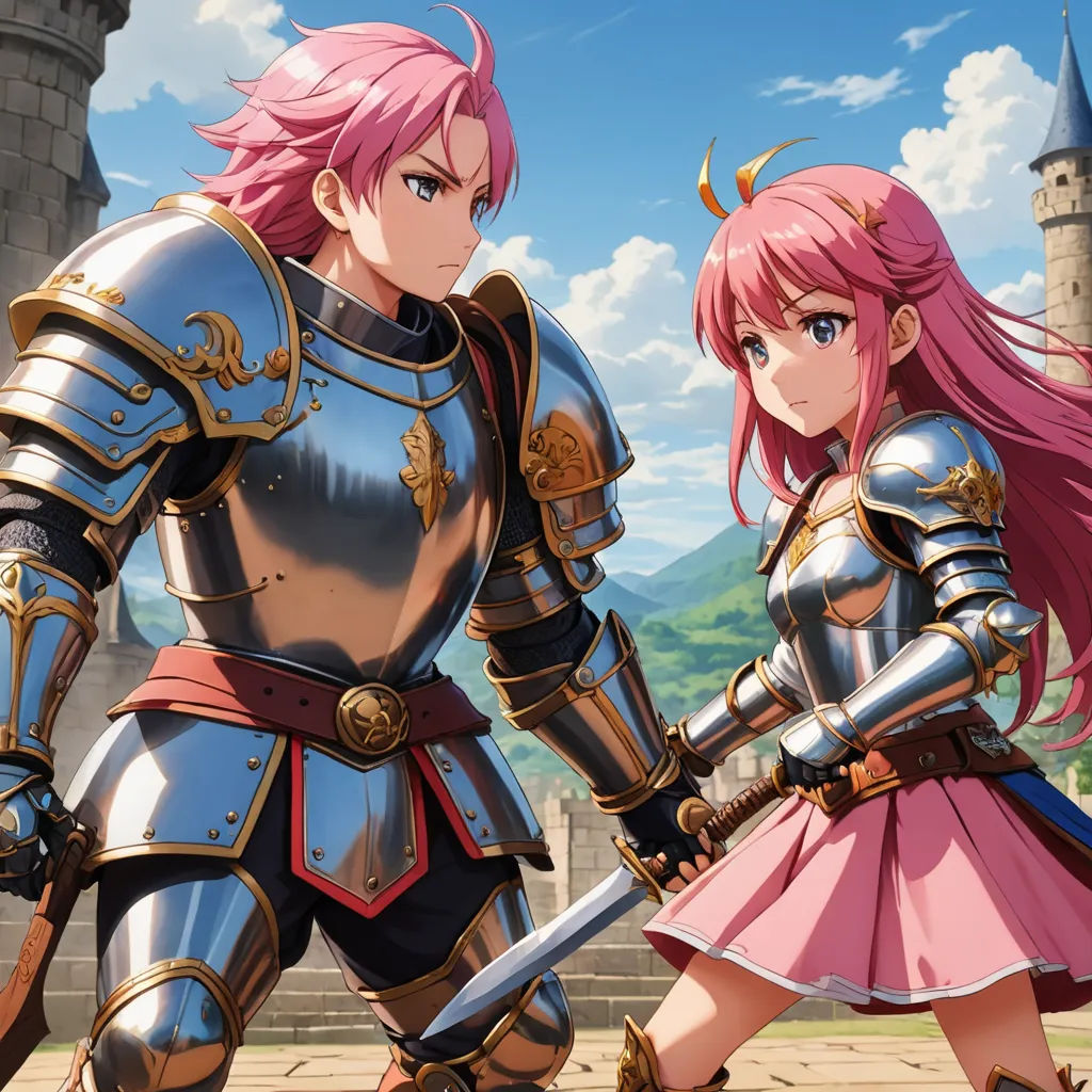 a couple of anime characters standing next to each other in front of a castle with a castle in the background, sots art, concept art, Ai-Mitsu, official art