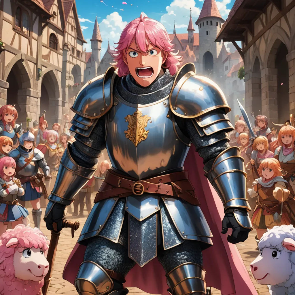 a cartoon of a knight surrounded by sheeps and knights in a town square with a castle in the background, sots art, concept art, Ada Gladys Killins, official art