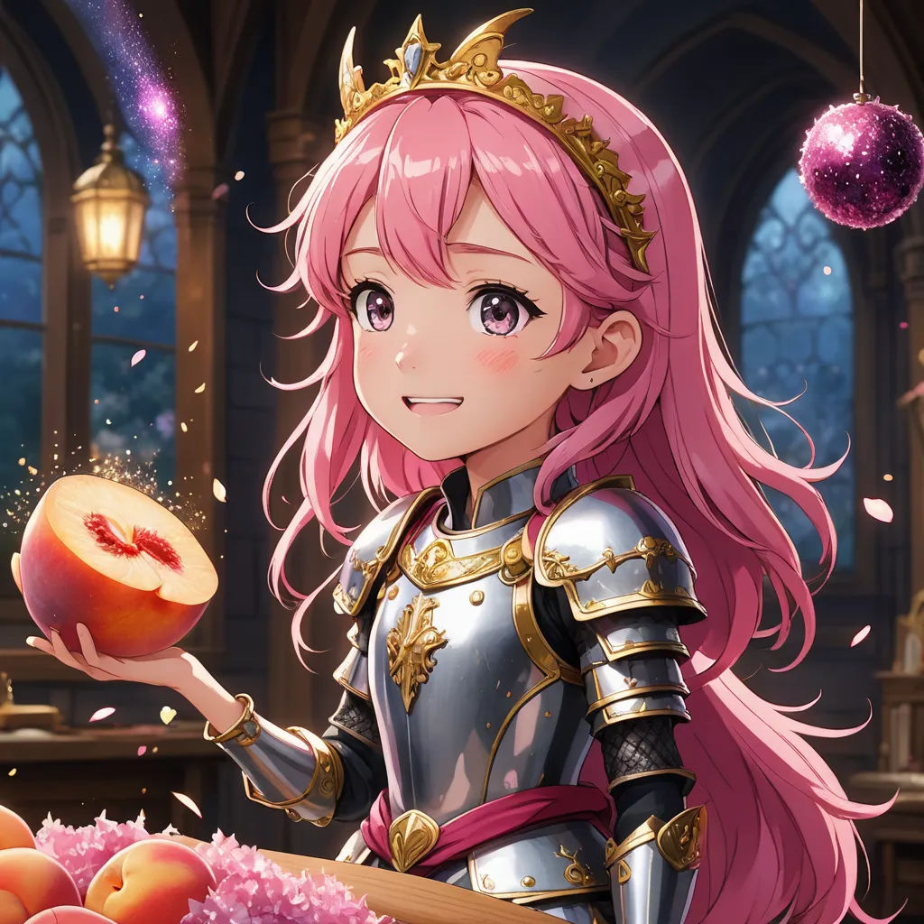 a girl in a costume holding a peach in front of a table of peaches and a lantern hanging from the ceiling, sots art, a detailed painting, Chizuko Yoshida, official art