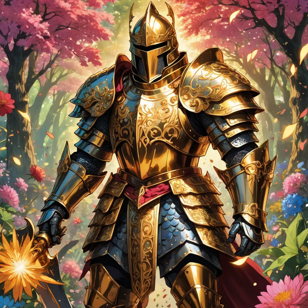 a painting of a knight in a forest with flowers and trees in the background, holding a sword and shield, fantasy art, a detailed painting, Donato Giancola, magic the gathering artwork