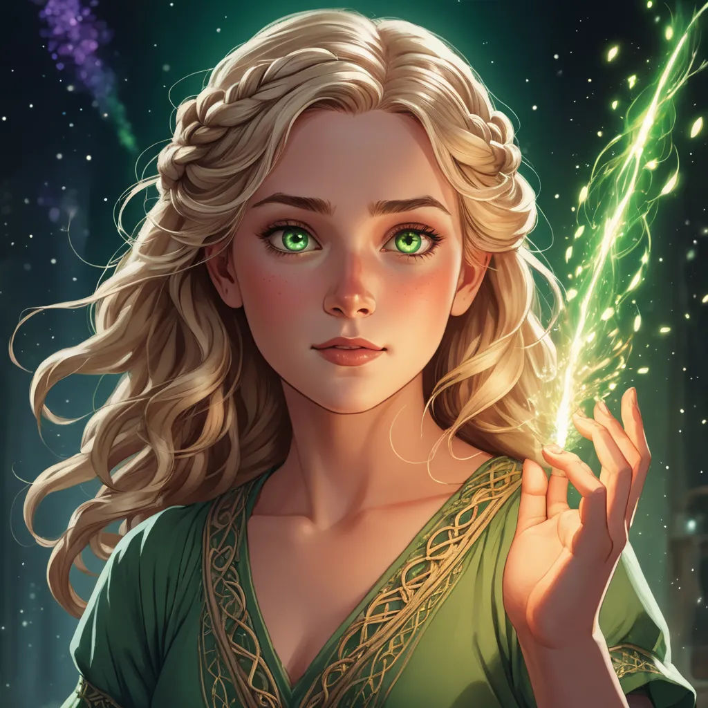 a woman with blonde hair and green eyes holding a green light up wand in her hand and a green dress, fantasy art, a detailed painting, Charlie Bowater, rossdraws global illumination
