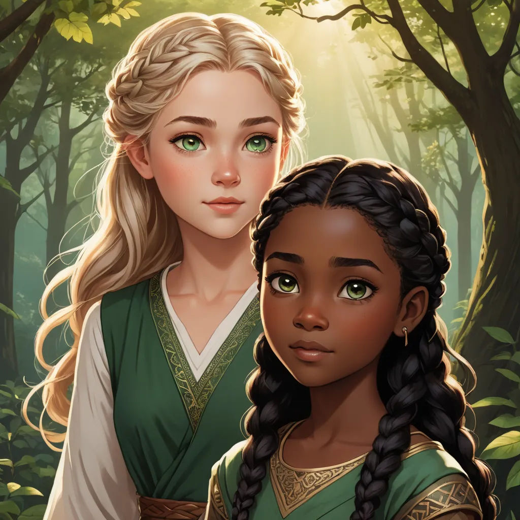 a painting of two girls in a forest with trees and sunlight shining through the trees behind them, one of them is wearing a green dress, fantasy art, concept art, Charlie Bowater, official art