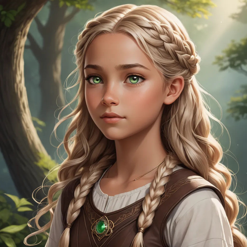 a painting of a girl with long blonde hair and green eyes in a forest setting with a tree and a green eye, fantasy art, a detailed painting, Charlie Bowater, trending on art station