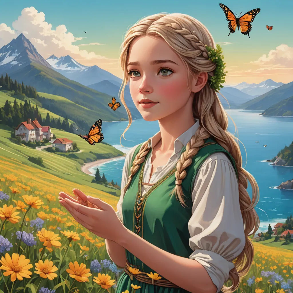 a painting of a girl in a green dress with a butterfly in her hair and a mountain lake in the background, fantasy art, a detailed painting, Evaline Ness, kinkade