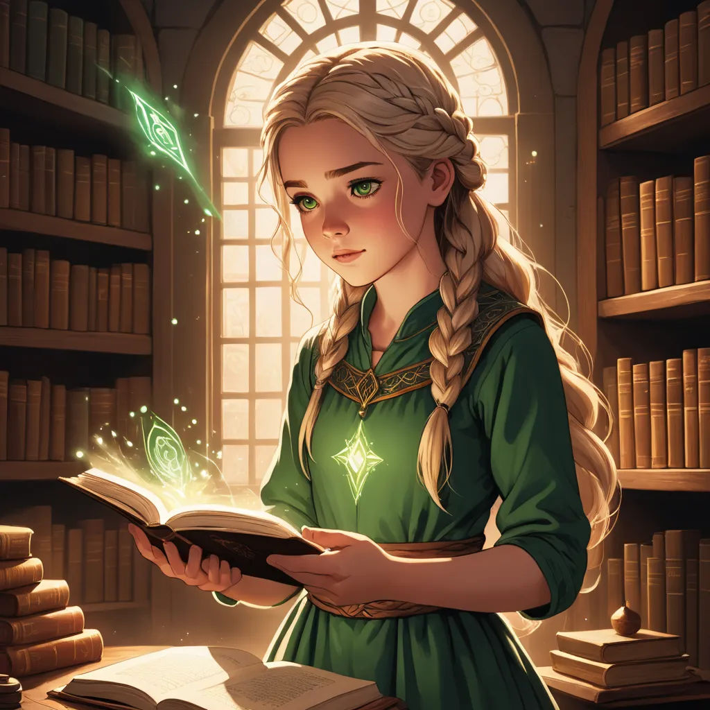 a girl in a green dress holding a book in a library with a bookcase full of books behind her, fantasy art, a storybook illustration, Charlie Bowater, stanley artgerm lau