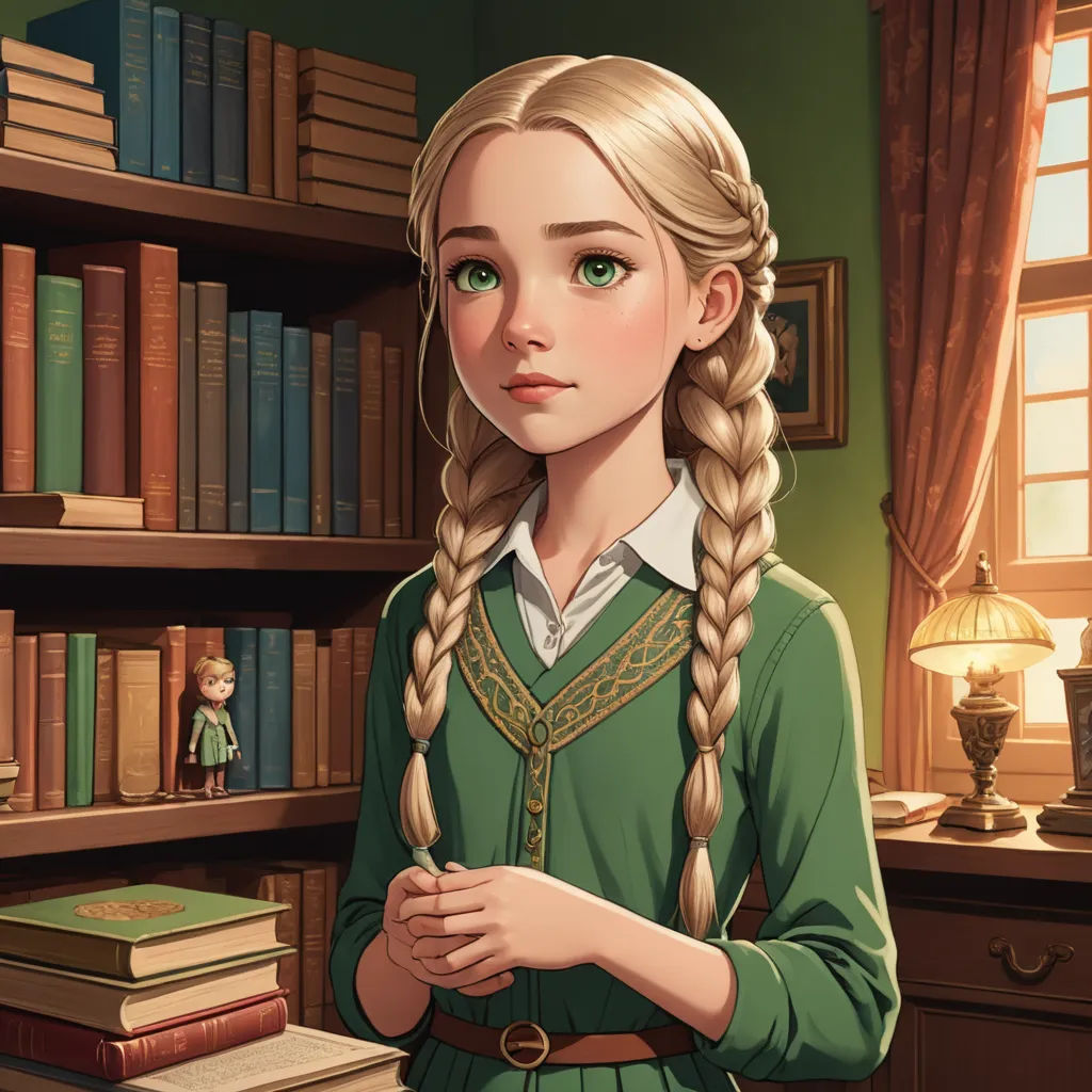 a girl with long blonde hair standing in front of a book shelf with books on it and a lamp, fantasy art, a storybook illustration, Clarice Beckett, rossdraws global illumination