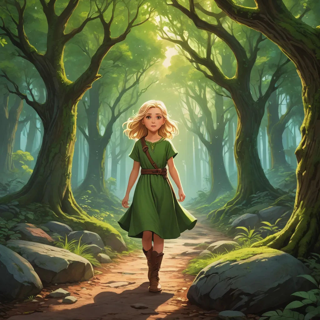 a girl in a green dress walking through a forest with rocks and trees on either side of her face, fantasy art, a storybook illustration, Anato Finnstark, official art