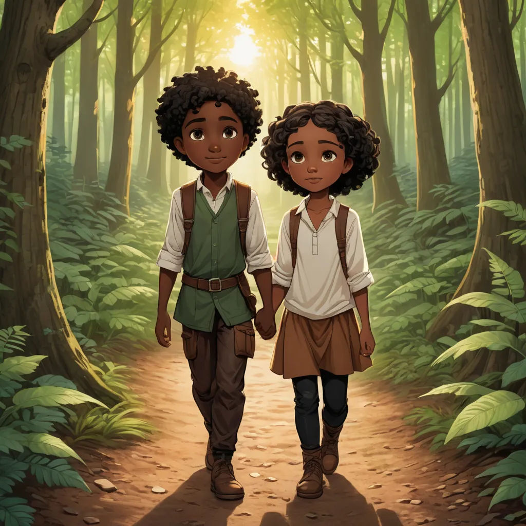 two children walking in the woods holding hands and looking at the camera with a bright light shining on them, fantasy art, concept art, Cedric Seaut (Keos Masons), official art