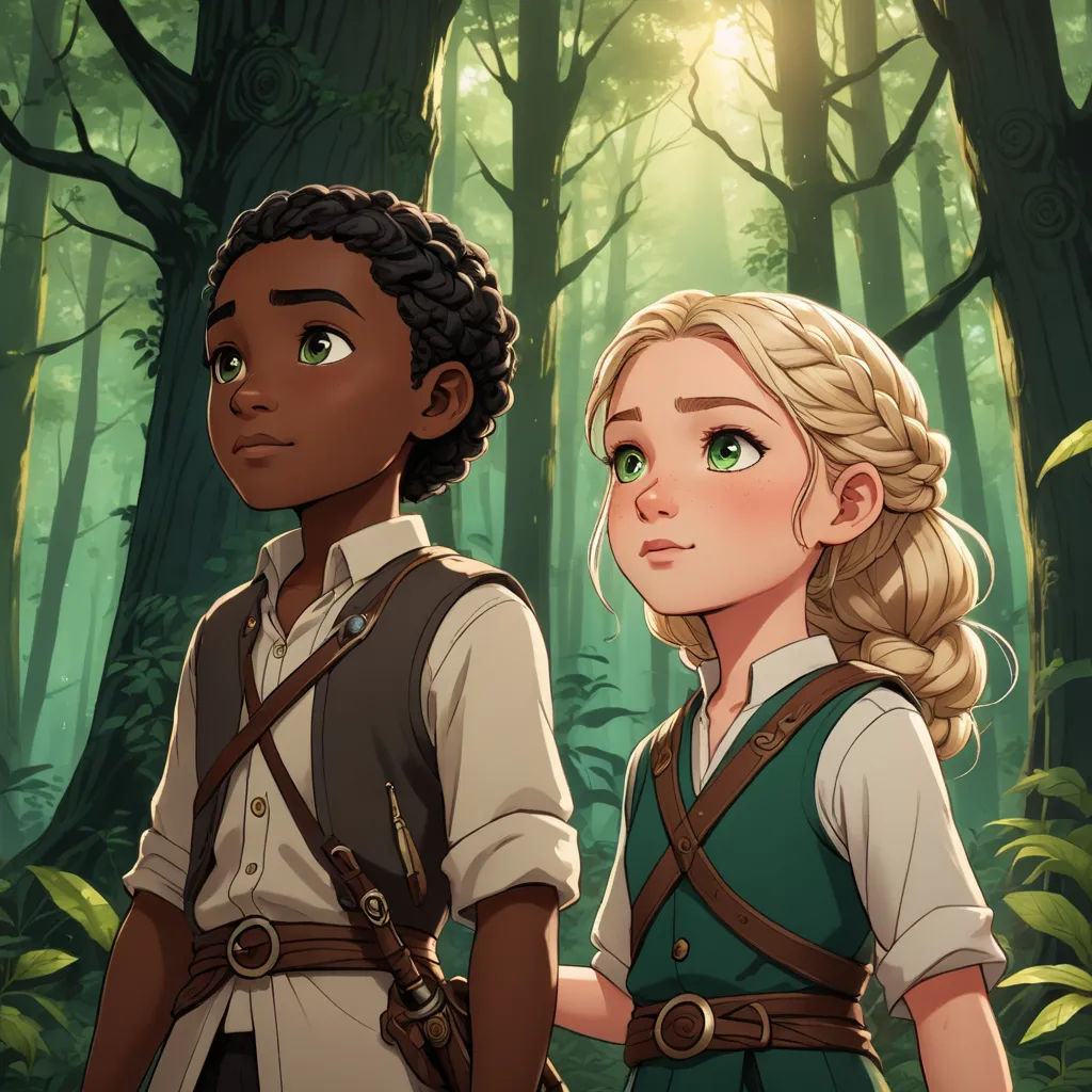 a couple of people standing in a forest next to each other with trees in the background and sunlight shining through the trees, fantasy art, concept art, Anne Said, official art