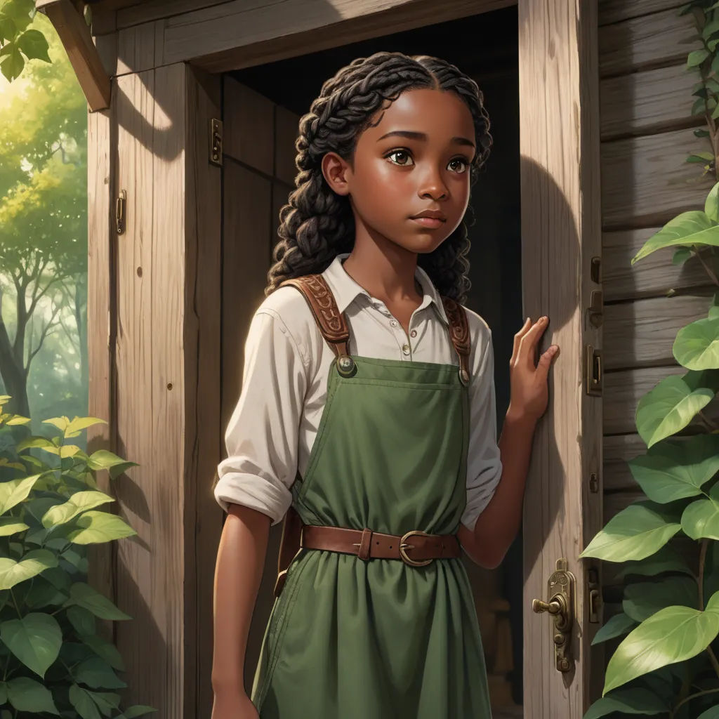 a painting of a girl in a green dress standing in a doorway with a green plant in the background, magical realism, a character portrait, Aaron Jasinski, official art