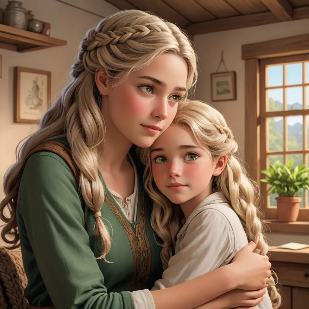 a painting of a mother and daughter hugging each other in a room with a window and potted plant, sots art, a detailed drawing, Anne Said, official art