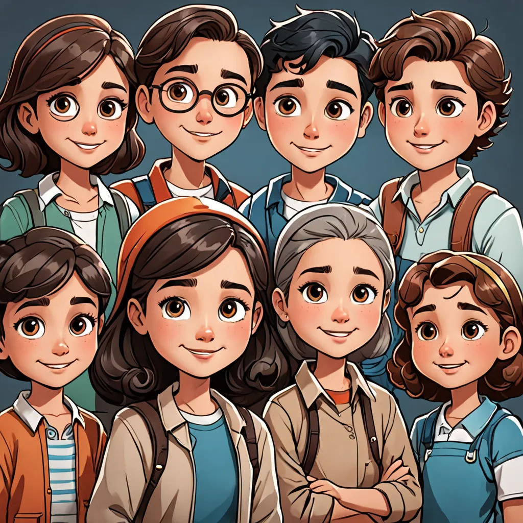 a group of people standing next to each other in front of a dark background with a cartoon style of them, serial art, a character portrait, Diego Gisbert Llorens, key art
