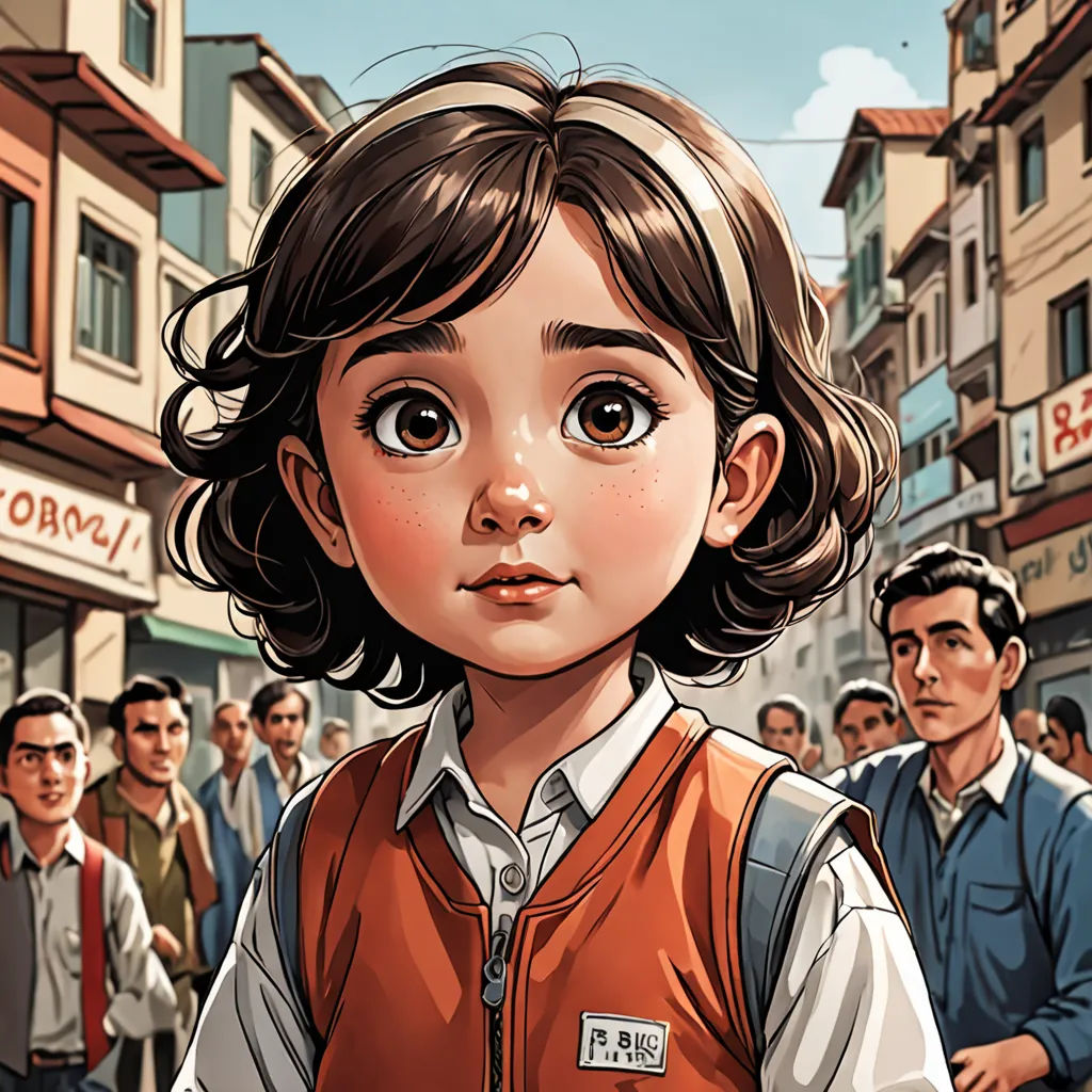 a cartoon of a young girl in a school uniform standing in front of a crowd of people in a city, serial art, a comic book panel, Asaf Hanuka, comic book