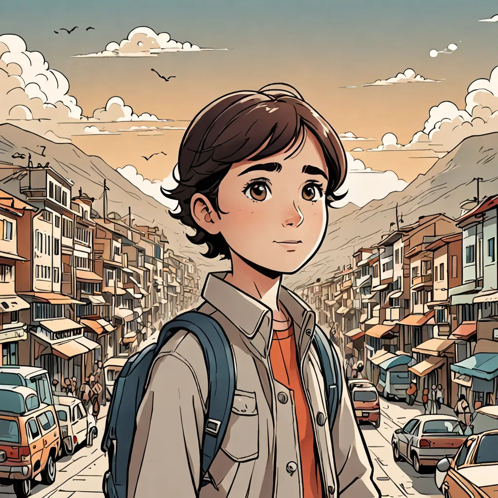 a man standing in front of a city street with cars and buildings on the side of it and a sky background, magical realism, a comic book panel, Asaf Hanuka, graphic novel