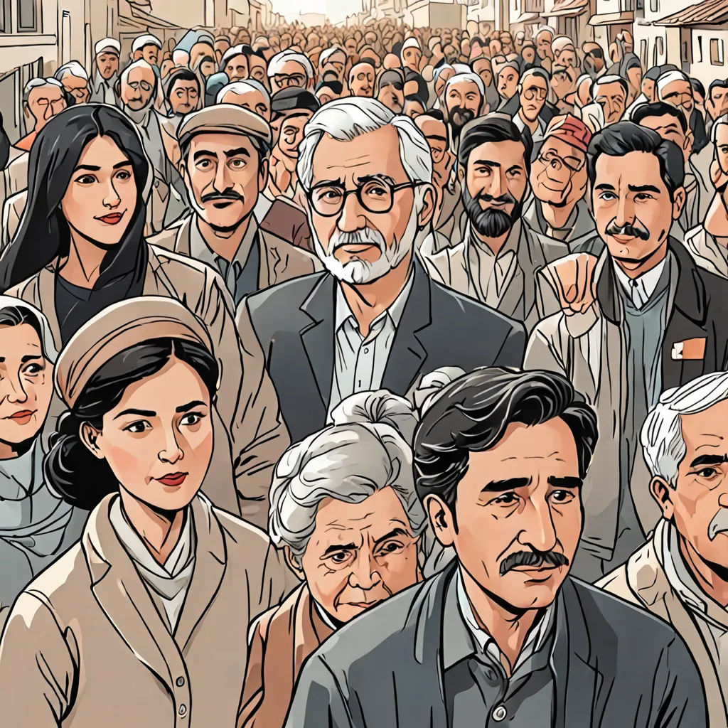 a crowd of people standing next to each other in front of a building with a man in a suit, serial art, a comic book panel, Asaf Hanuka, graphic novel