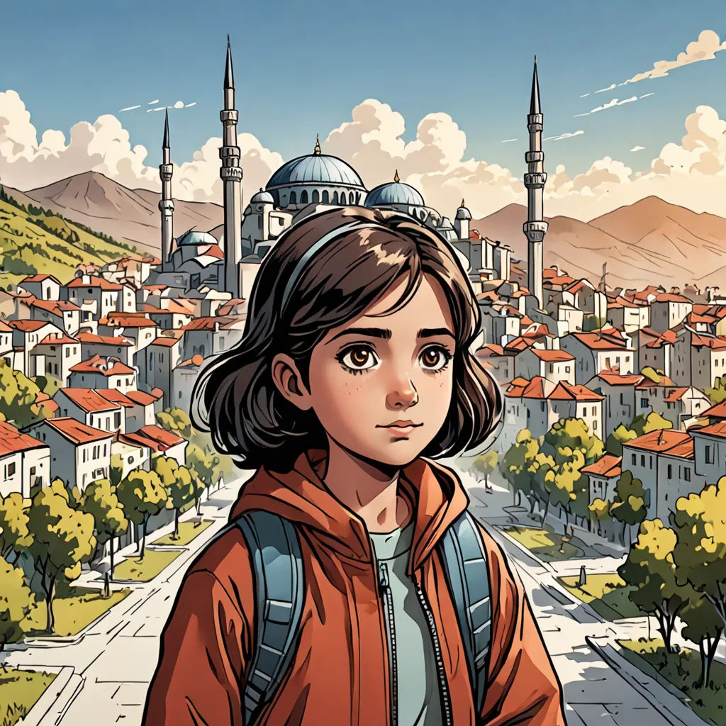 a girl in a red jacket is standing in front of a cityscape with a blue dome on top, hurufiyya, a comic book panel, Asaf Hanuka, comic cover art