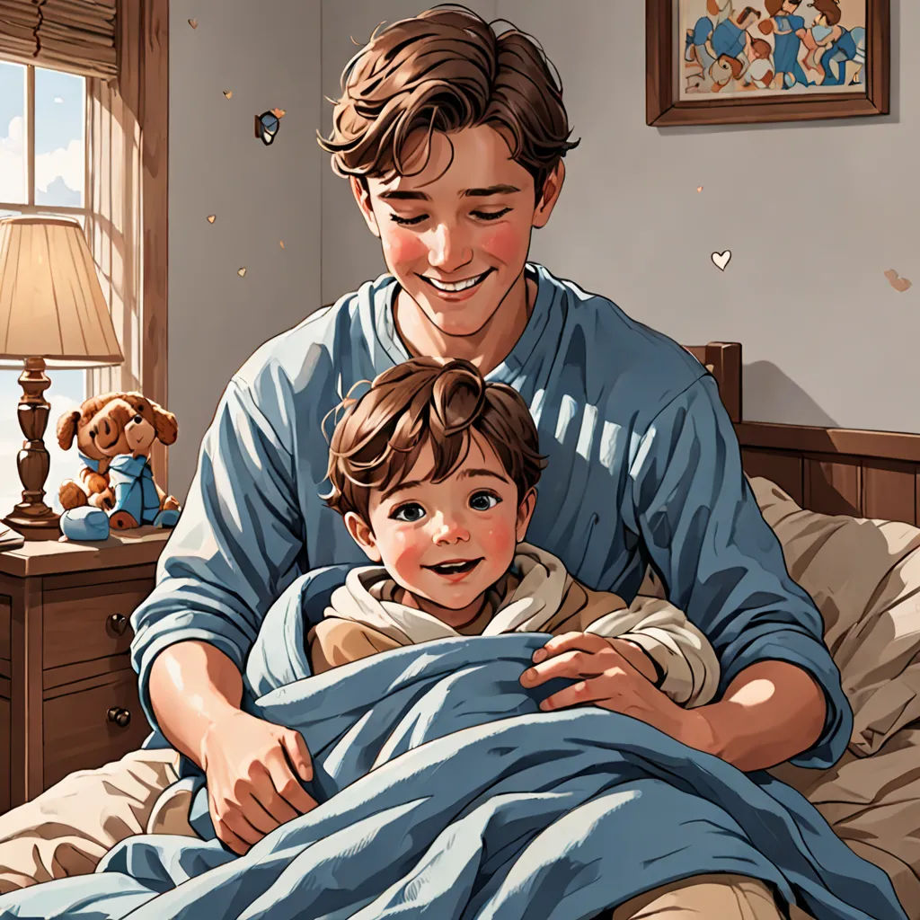 a man and a child are in bed under a blanket and a teddy bear is on the bed behind them, dada, a comic book panel, Brothers Hildebrandt, comic book