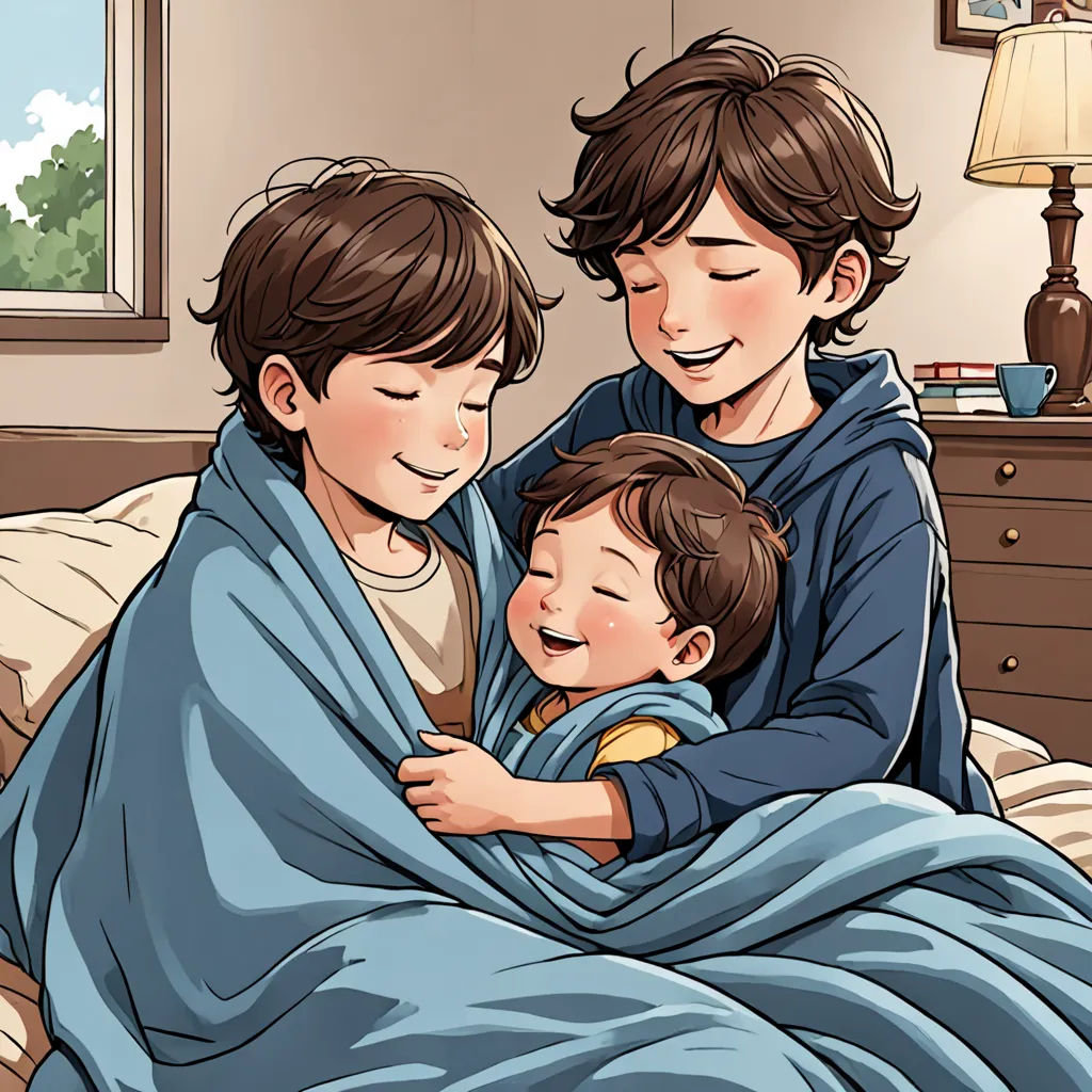 a man and two boys wrapped in a blanket on a bed with a window in the background and a lamp on the wall, lyco art, a storybook illustration, Diego Gisbert Llorens, official art